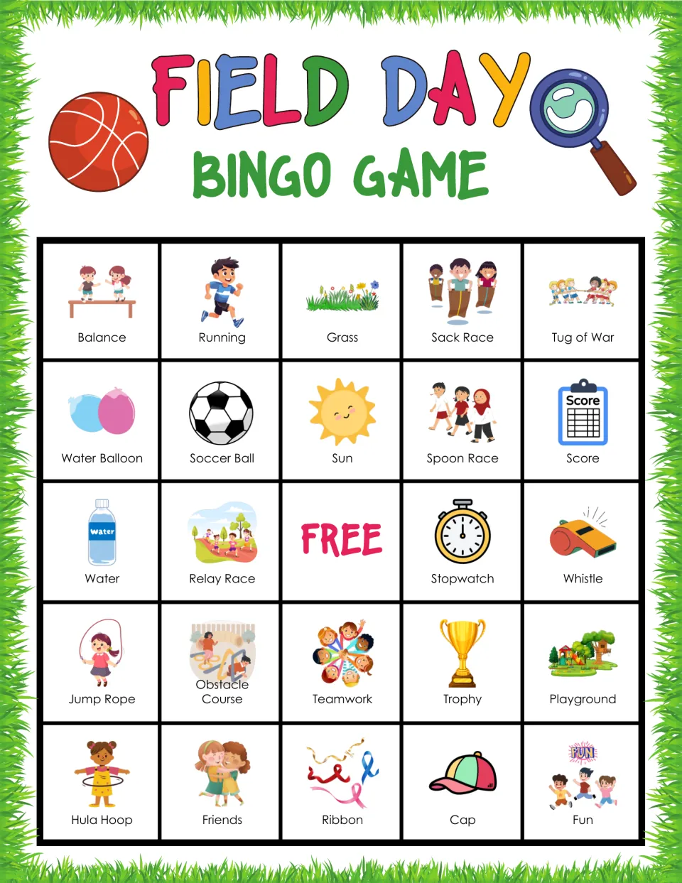 Field Day bingo board: students listen and cover Balance, Running, Grass, Sack Race, Tug of War and other icons