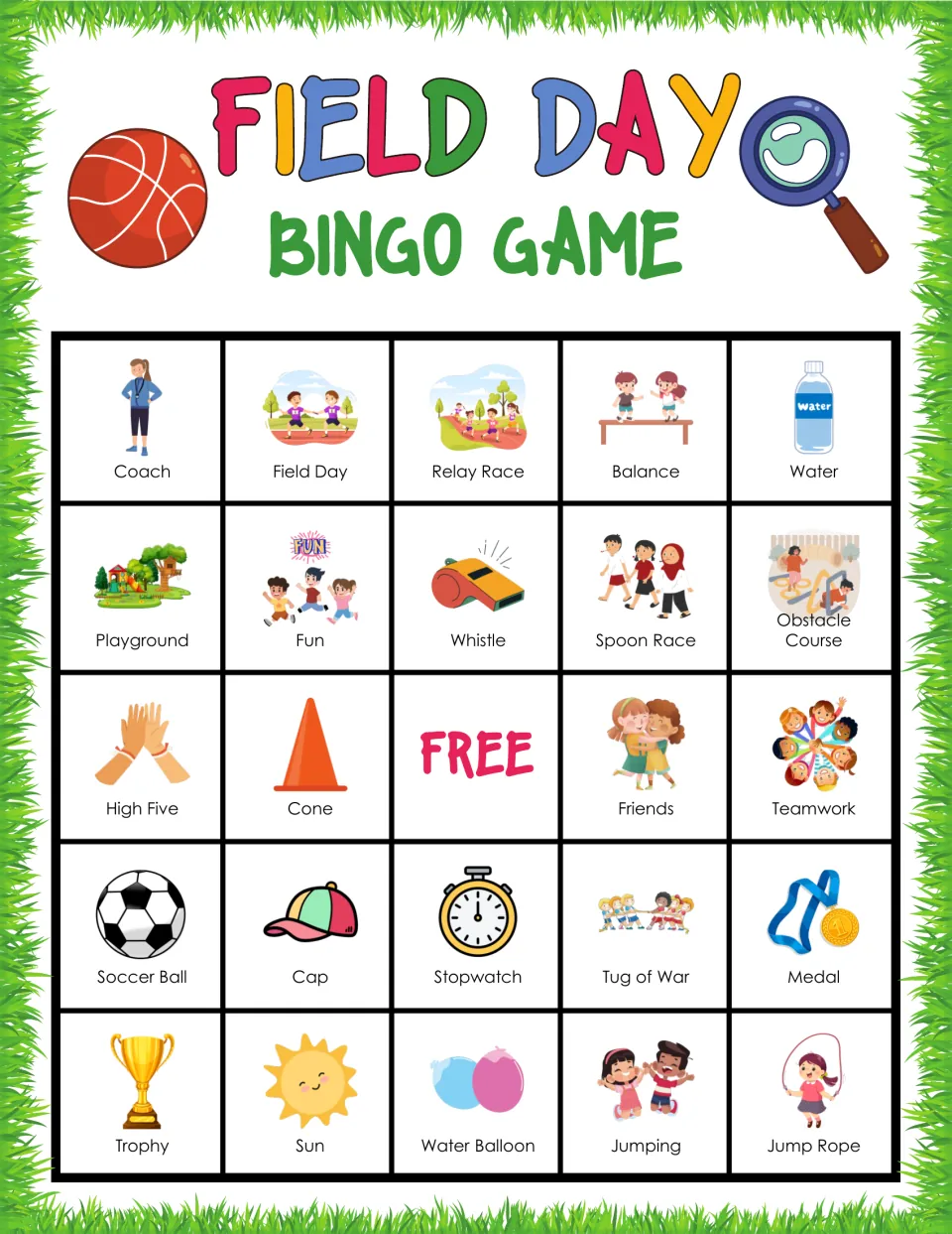 Field Day bingo card led by Coach, Field Day, Relay Race, Balance and Water; players match called words to pictures