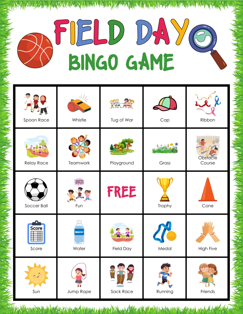 Field Day bingo: picture vocabulary card opening with Spoon Race, Whistle, Tug of War, Cap and Ribbon icons