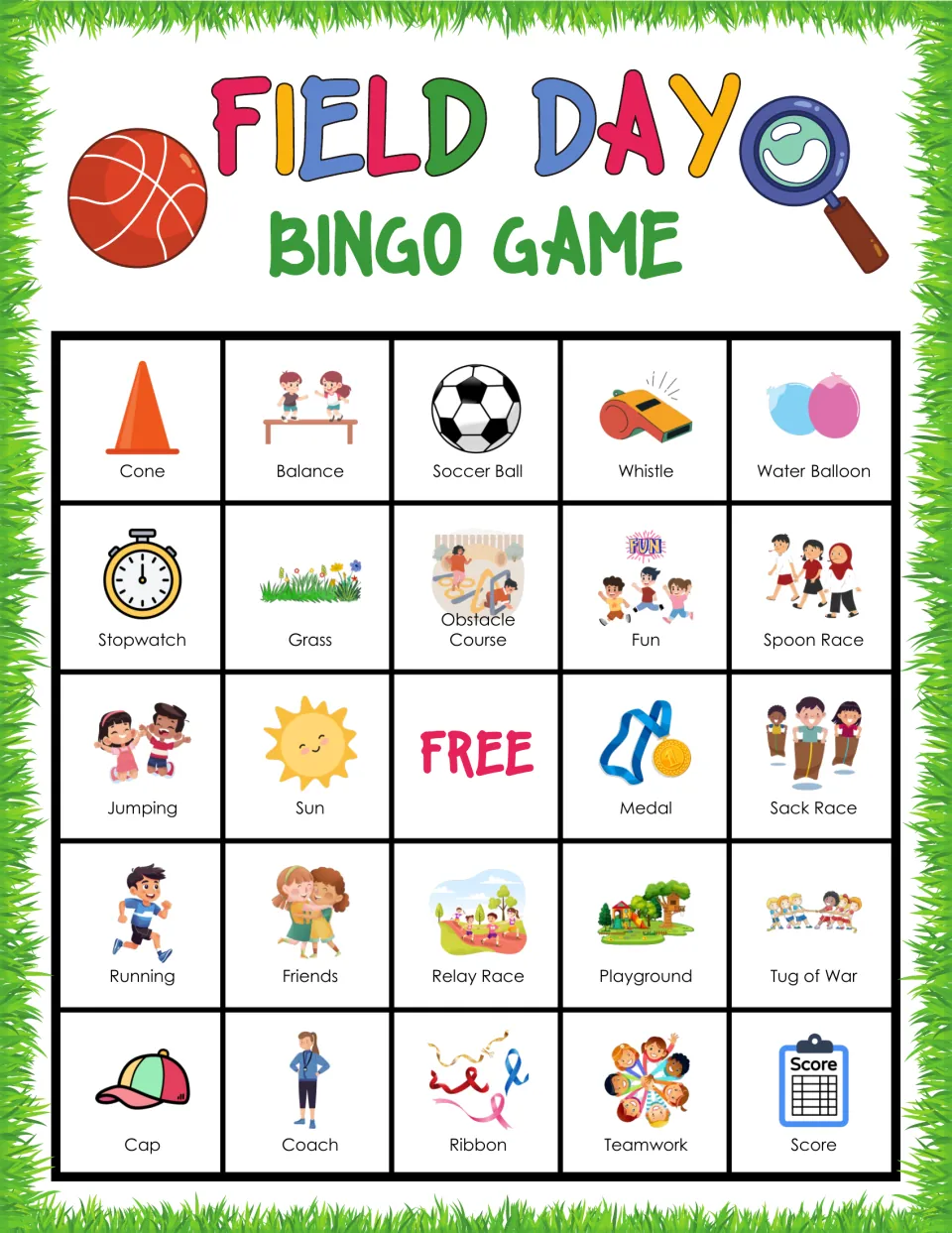 Field Day bingo card where students spot Cone, Balance, Soccer Ball, Whistle and Water Balloon to make a line