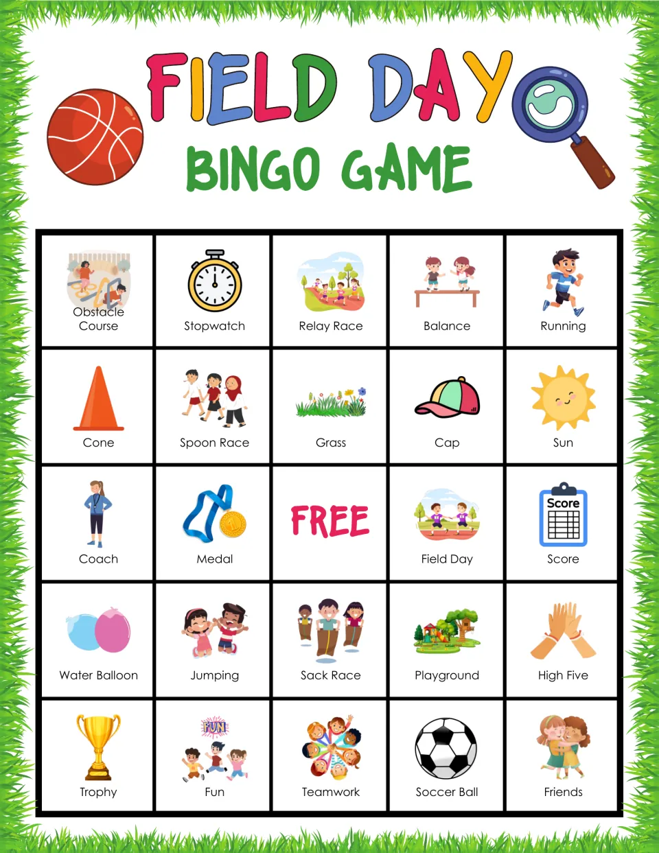 Field Day bingo card: listening game with Obstacle Course, Stopwatch, Relay Race, Balance and Running on top