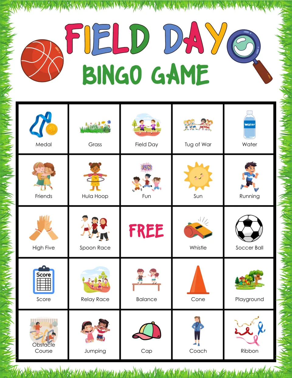 Field Day bingo card picturing Medal, Grass, Field Day, Tug of War and Water; kids cover each word they hear