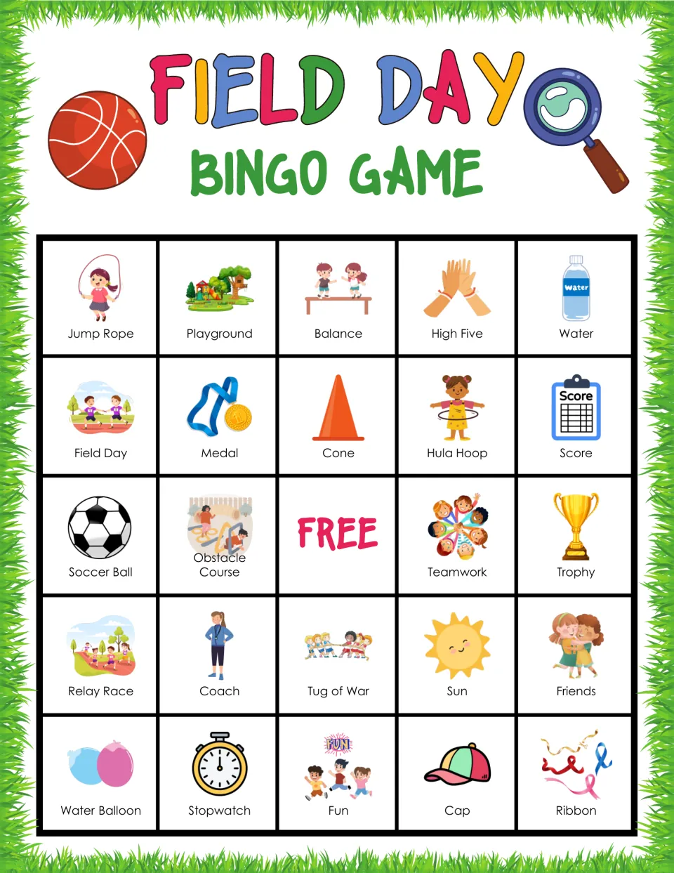 Field Day bingo: players cover Jump Rope, Playground, Balance, High Five, Water and more pictures to win a row