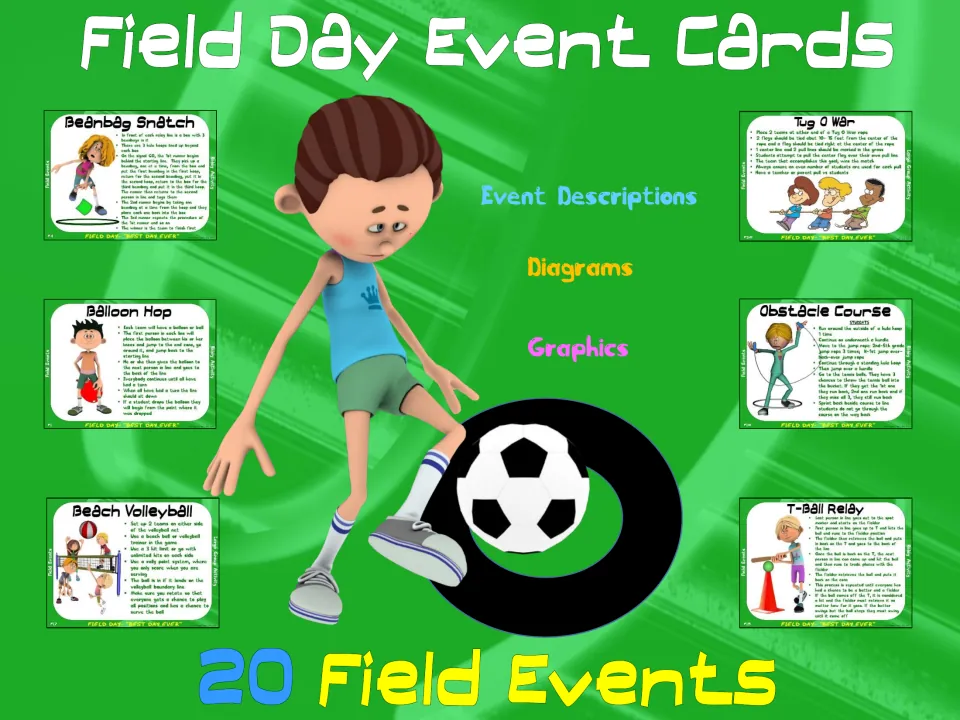 Field Day Event Cards cover: 20 field events with descriptions, diagrams and graphics, sample cards like Tug O War