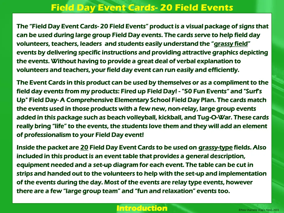 Introduction: 20 signs for grassy field events at large group field days, plus a table of equipment and set-up diagrams