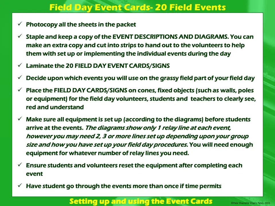 Event card set-up checklist: photocopy, laminate, post signs on cones and set up equipment before students arrive