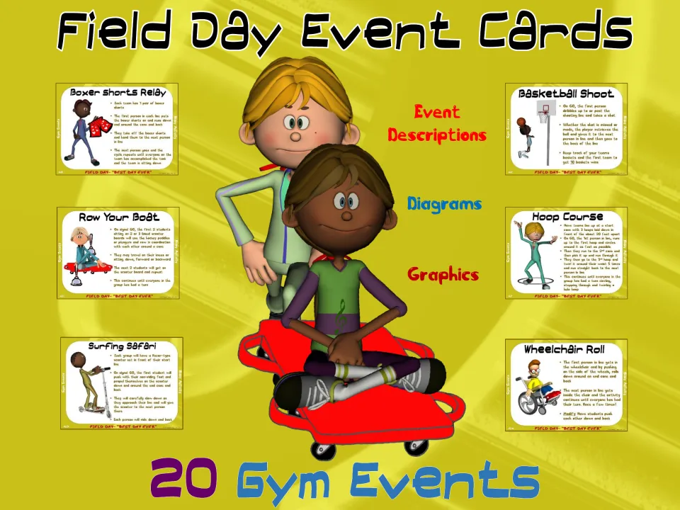 Field Day event cards cover: 20 gym events with sample cards such as Boxer Shorts Relay, Hoop Course and Wheelchair Roll