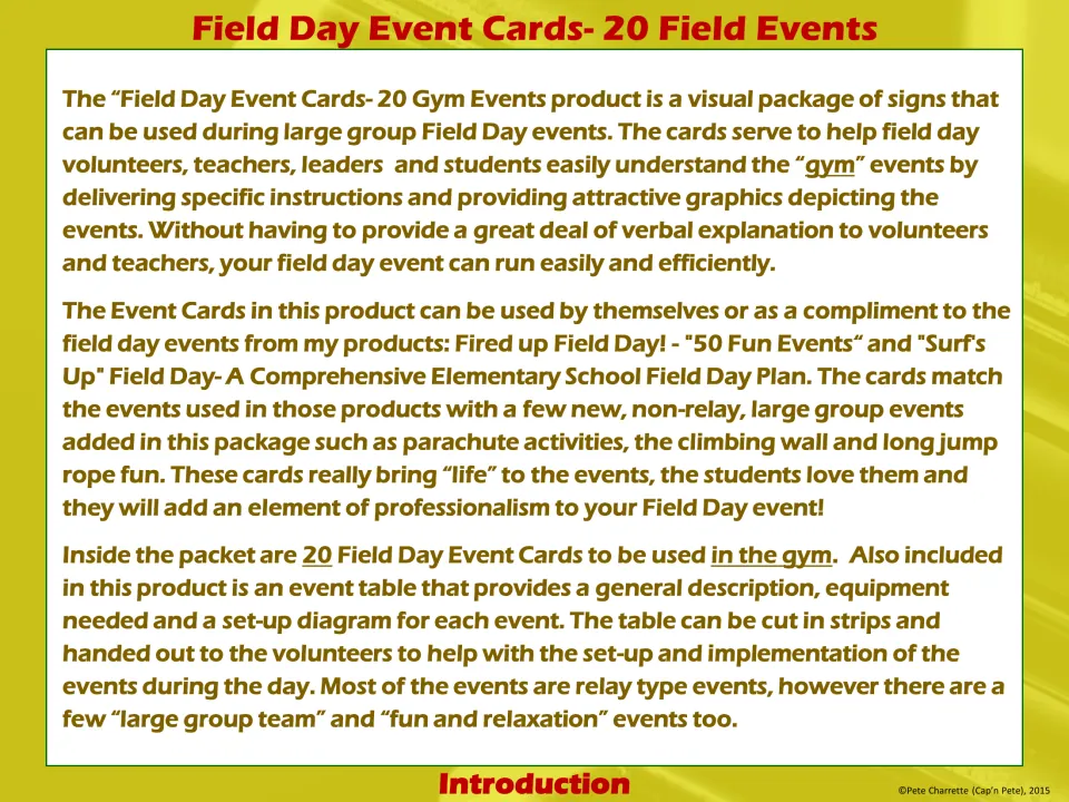 Introduction to the 20 gym event cards: signs plus an event table with equipment and set-up diagrams for volunteers