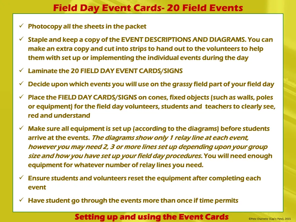 Set-up steps for the event cards: photocopy, laminate the signs, post them on cones and set out equipment per the diagrams