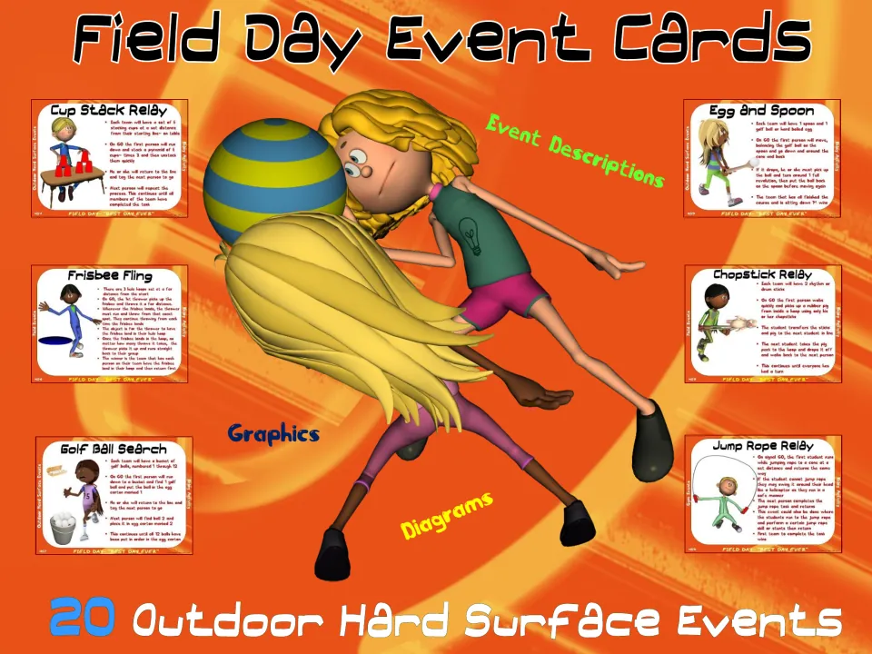 Field Day Event Cards cover for 20 outdoor hard surface events, showing Cup Stack, Egg and Spoon and Jump Rope Relay cards