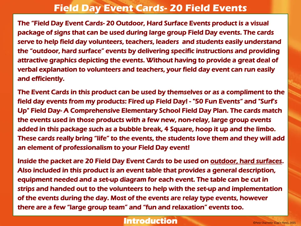 Introduction explaining the 20 event signs for volunteers and the event table with equipment and set-up diagrams