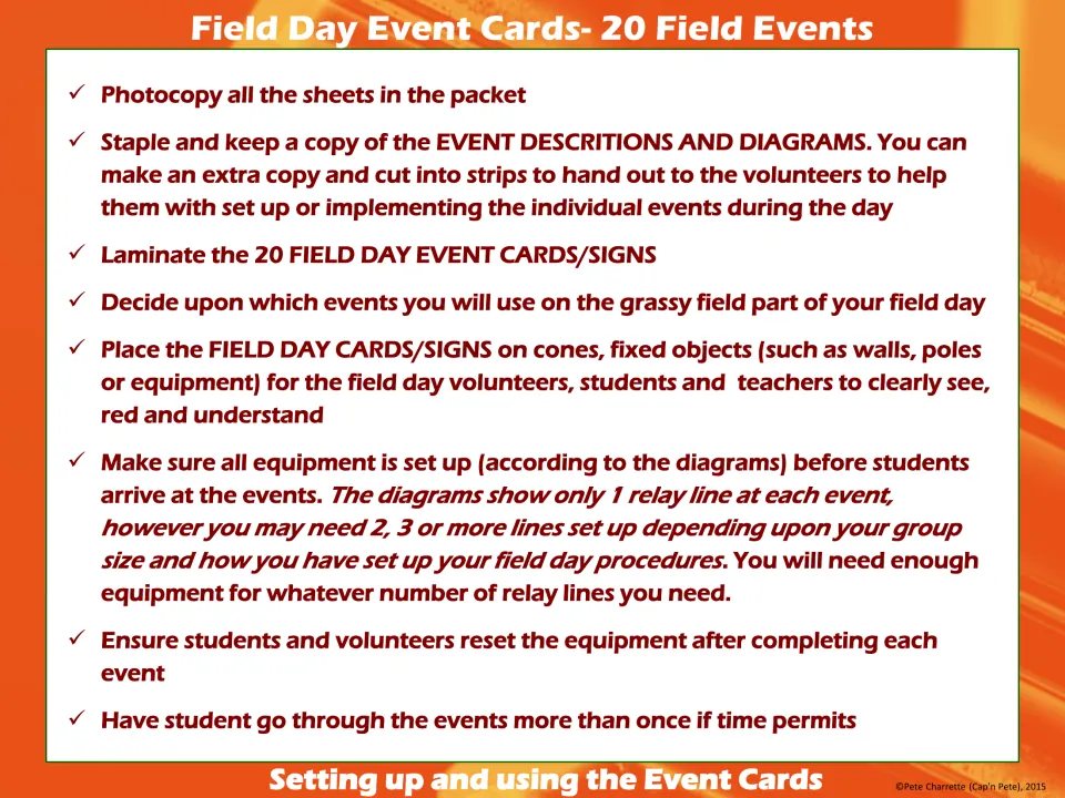 Setting up the event cards: checklist to photocopy, laminate, post signs on cones and set equipment before students arrive