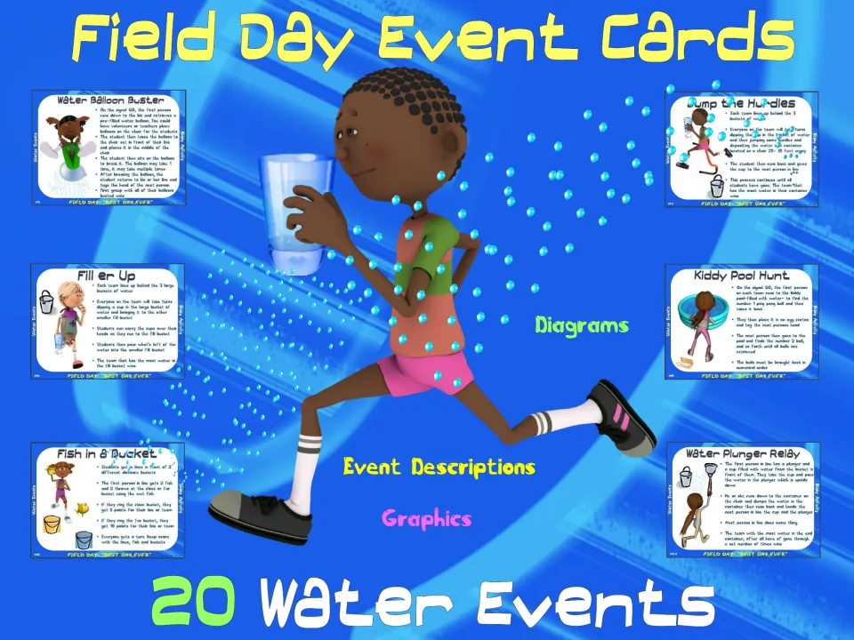 Field Day Event Cards cover for 20 Water Events, showing sample cards like Water Balloon Buster and Kiddy Pool Hunt