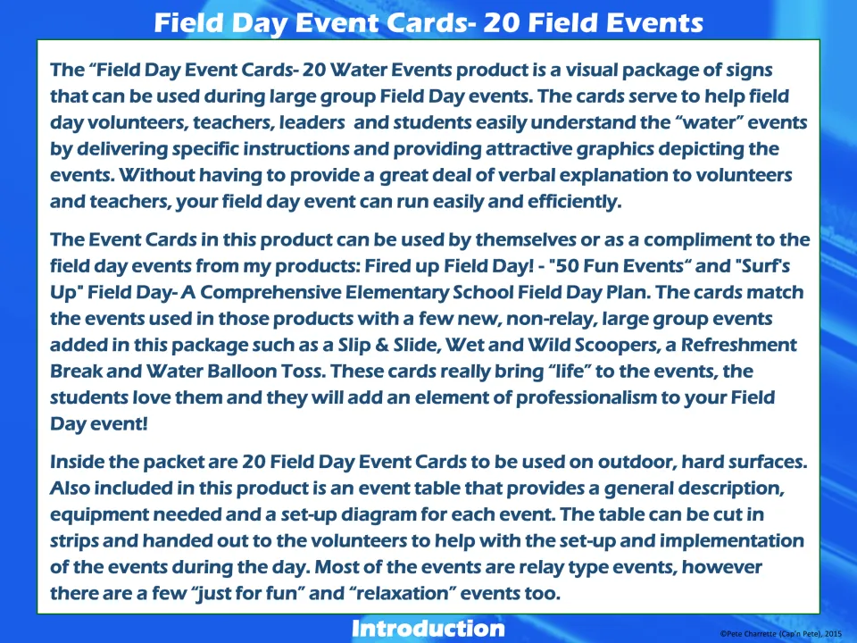 Introduction explaining the 20 water event signs for field day volunteers and the included event table with set-up diagrams