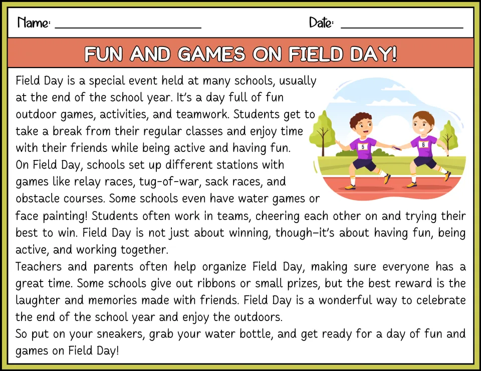Fun and Games on Field Day! color passage on relay races, tug-of-war and teamwork, with a relay race illustration