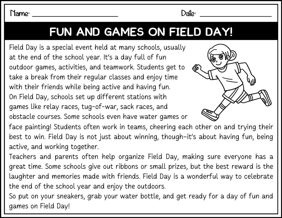 Black-and-white Field Day passage about game stations, ribbons and working together, with a line-art girl running