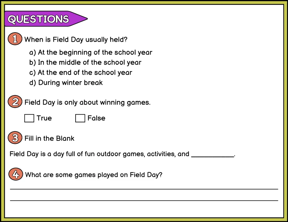 Field Day questions 1-4 in color: multiple choice on timing, true or false, fill in the blank and listing games played
