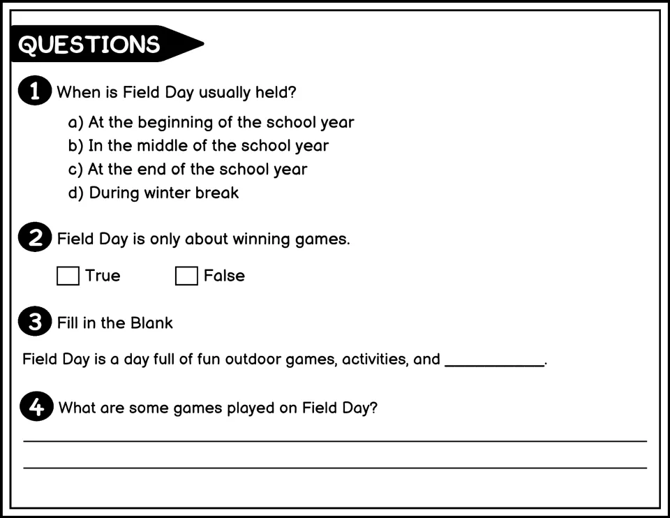 Black-and-white Field Day questions 1-4: when it is held, true or false on winning, a fill-in-the-blank and naming games