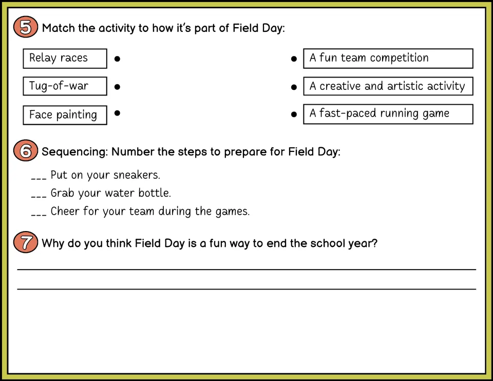 Field Day questions 5-7 in color: match activities to descriptions, sequence prep steps and explain why the day is fun