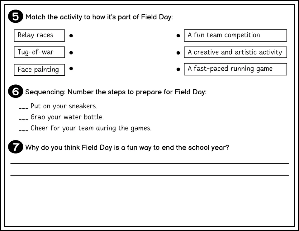 Black-and-white questions 5-7: matching relay races, tug-of-war and face painting, numbering prep steps, opinion answer