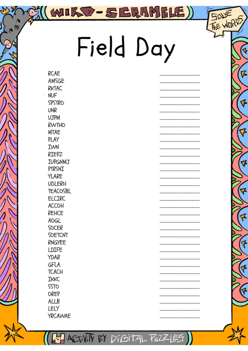 Field Day word scramble: students unscramble 34 words like RCAE and AMSGE and write each solved word on its line