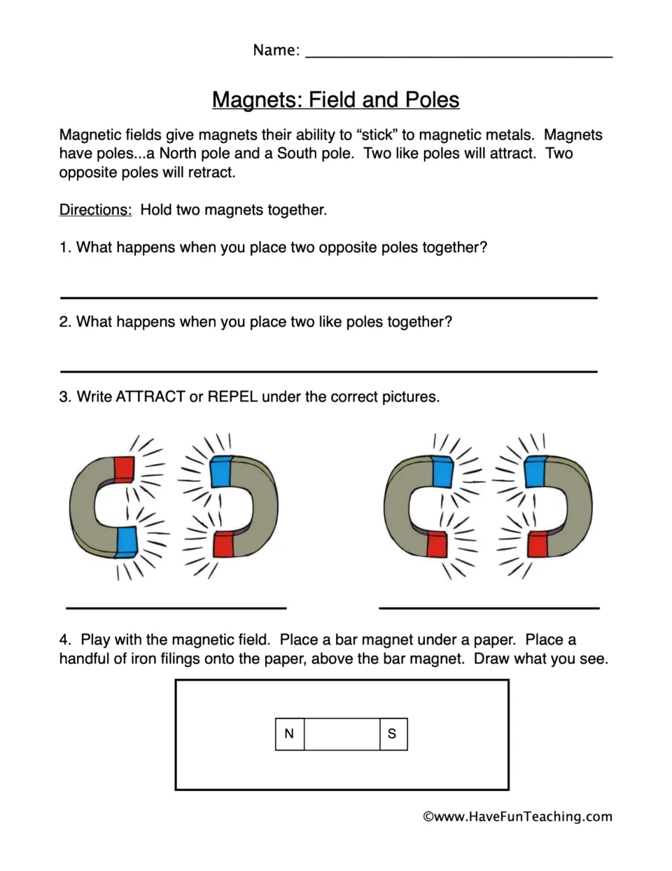 Magnets and poles: students test magnet poles, label pictures attract or repel and draw iron filings around a bar magnet