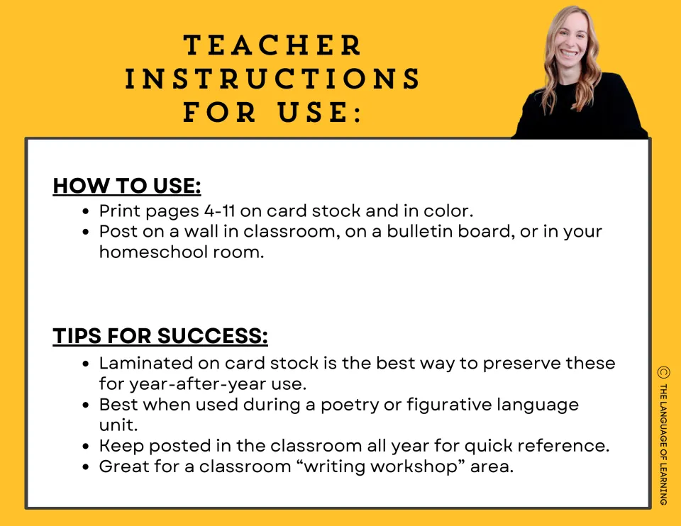 Teacher instructions: print pages 4-11 in color on card stock, laminate, and post on a classroom wall or bulletin board
