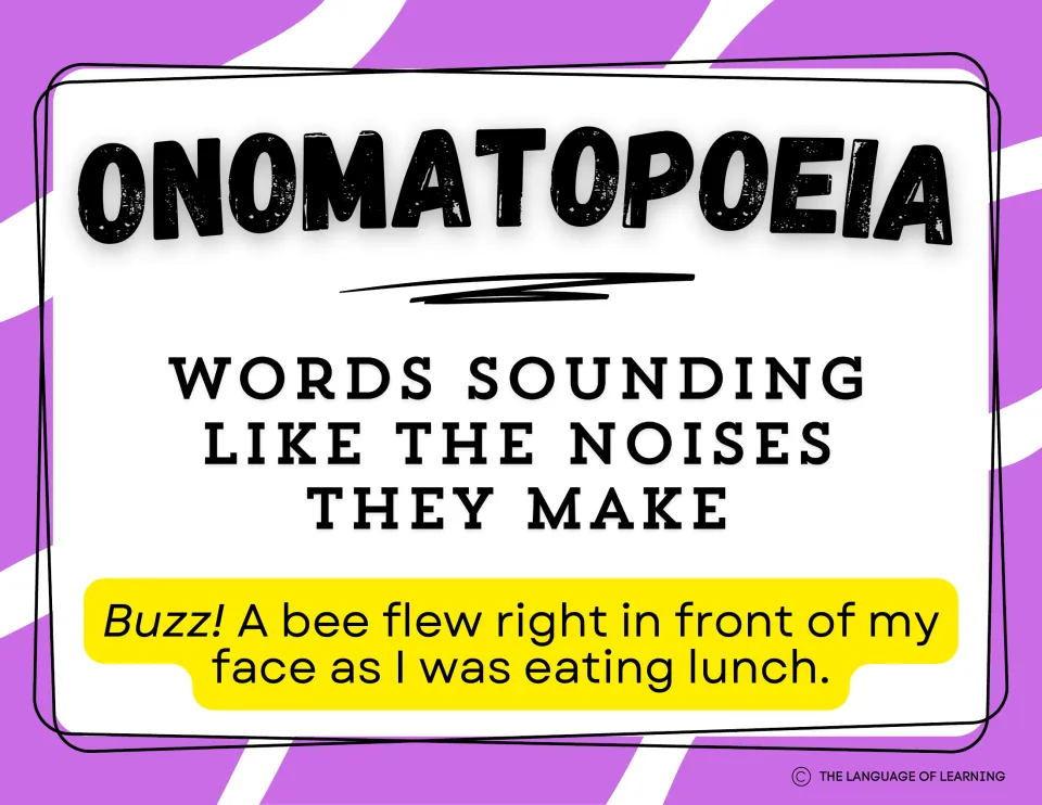 Onomatopoeia poster: words sounding like the noises they make, with Buzz! A bee flew right in front of my face