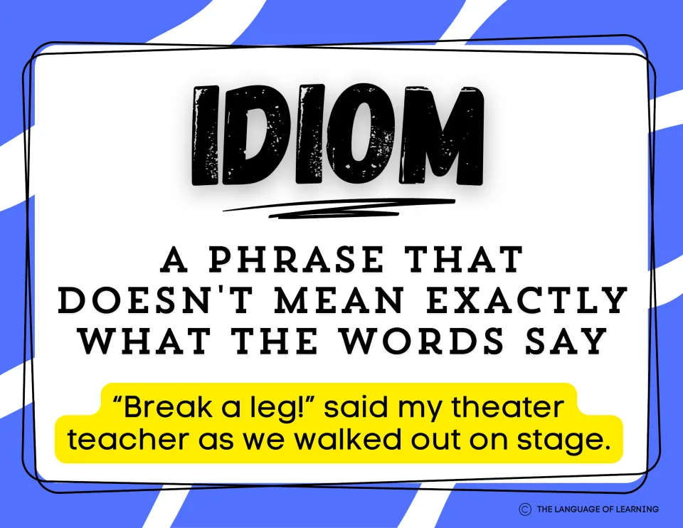 Idiom poster: a phrase that doesn't mean exactly what the words say, with Break a leg! said by a theater teacher