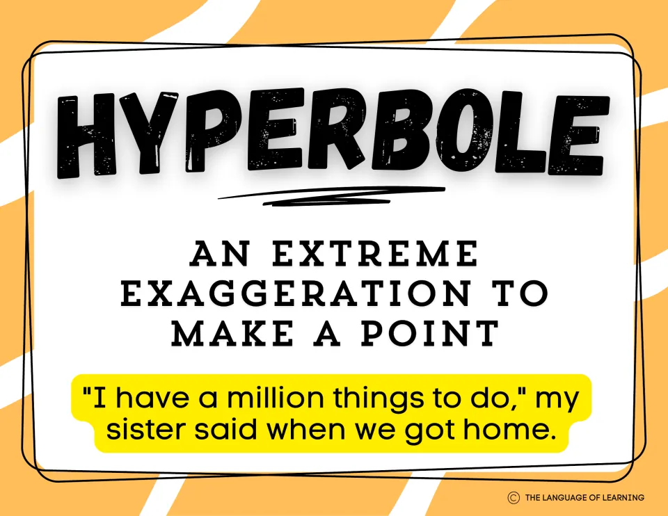 Hyperbole poster: an extreme exaggeration to make a point, with I have a million things to do, my sister said