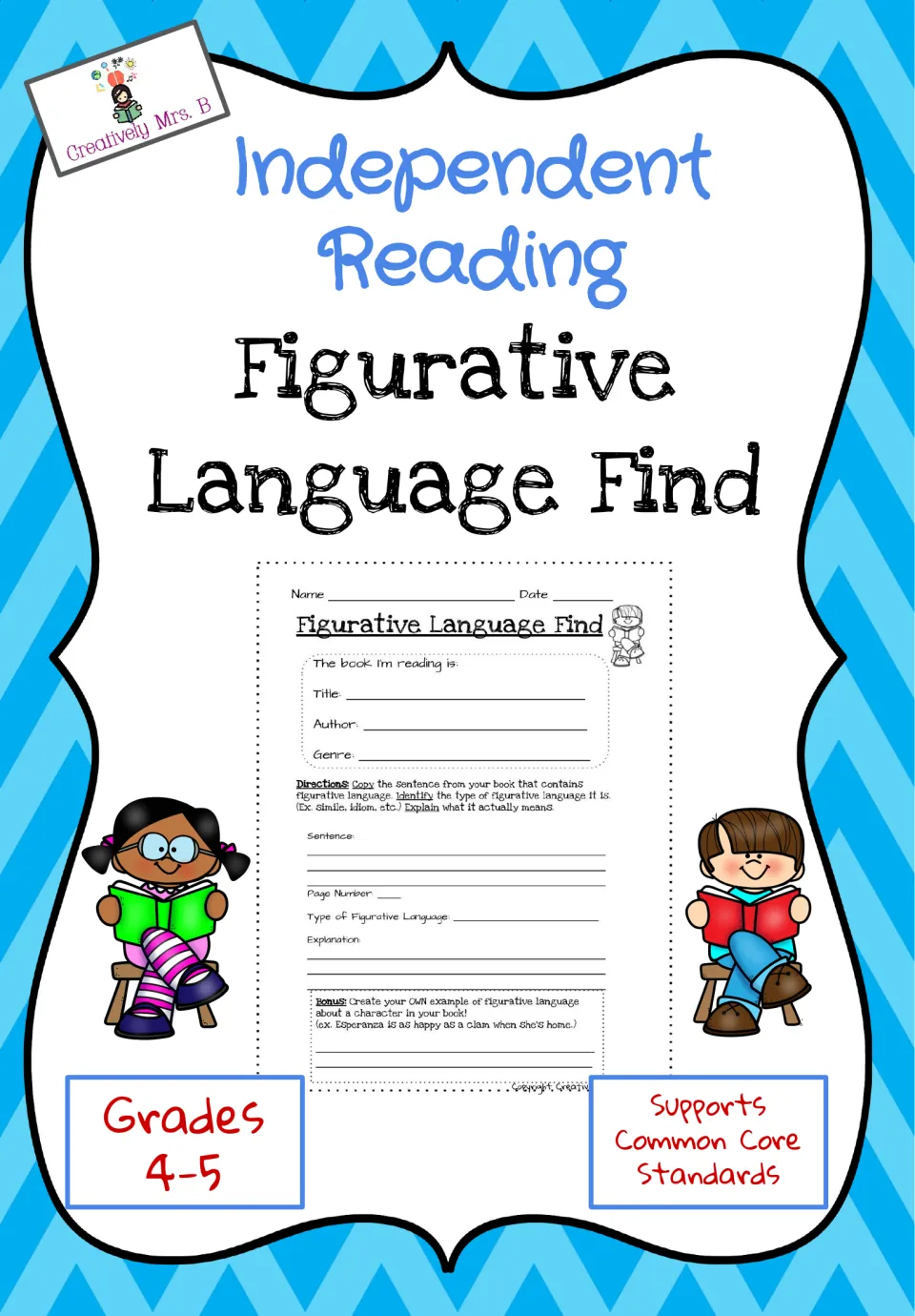 Cover for an independent reading figurative language worksheet, labeled Grades 4–5 and Common Core.
