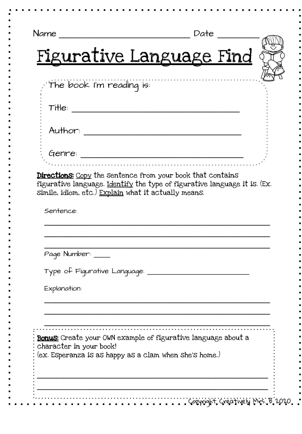 Reading response worksheet: copy figurative language, identify its type, explain it, and create an example.