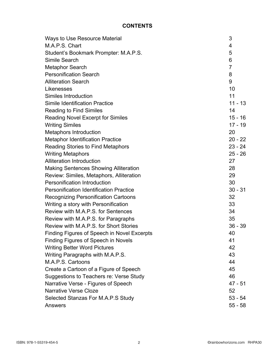 Contents list of figurative language lessons: M.A.P.S. chart, simile and metaphor practice, verse study, answers