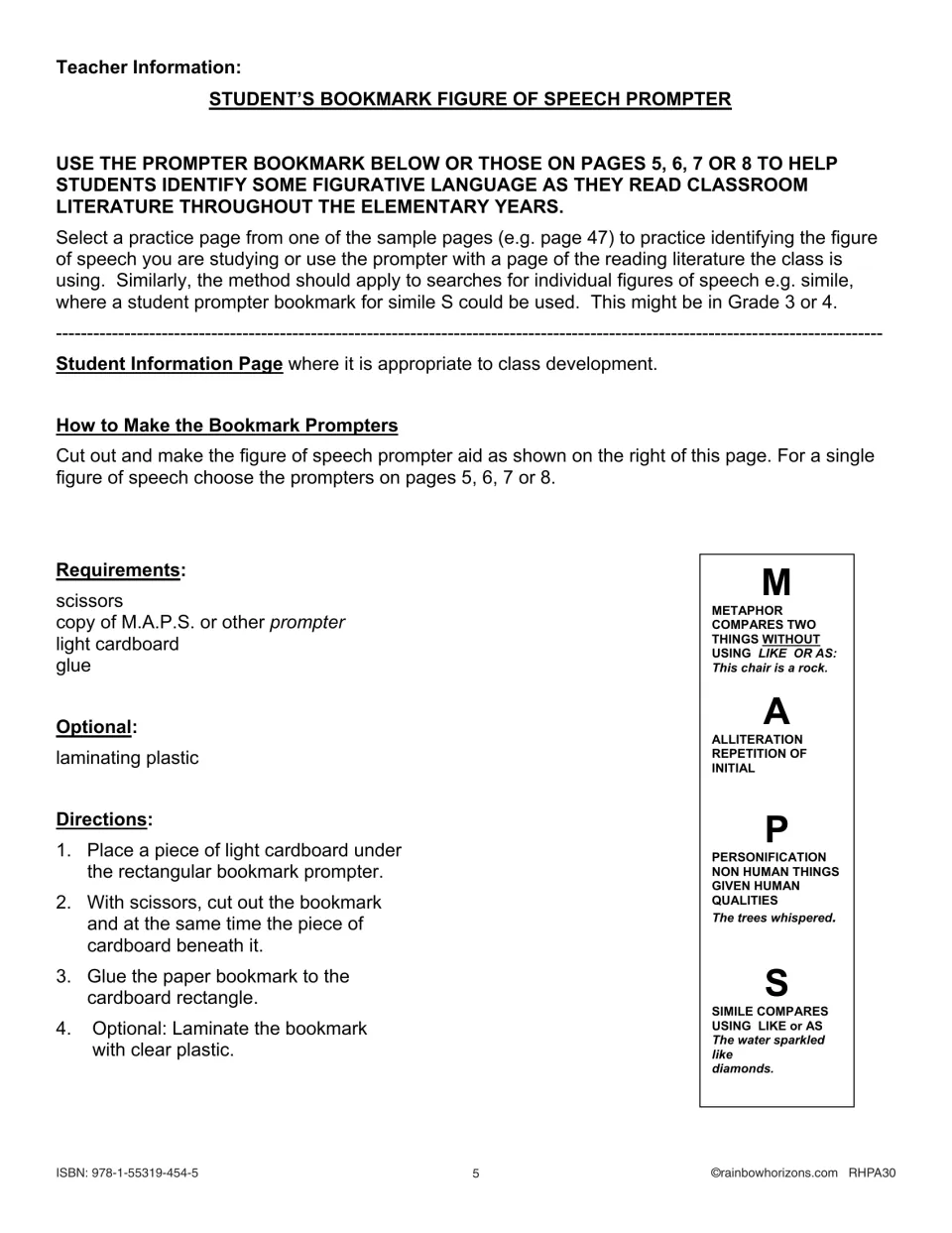 Bookmark prompter how-to: directions to cut, glue and laminate an M.A.P.S. figure of speech bookmark onto light cardboard