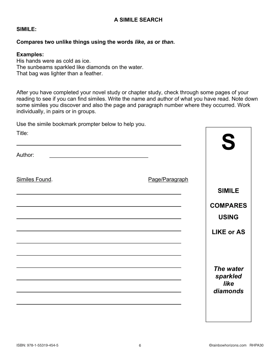 Simile search: students record similes found in their novel with title, author and page/paragraph, using a simile bookmark