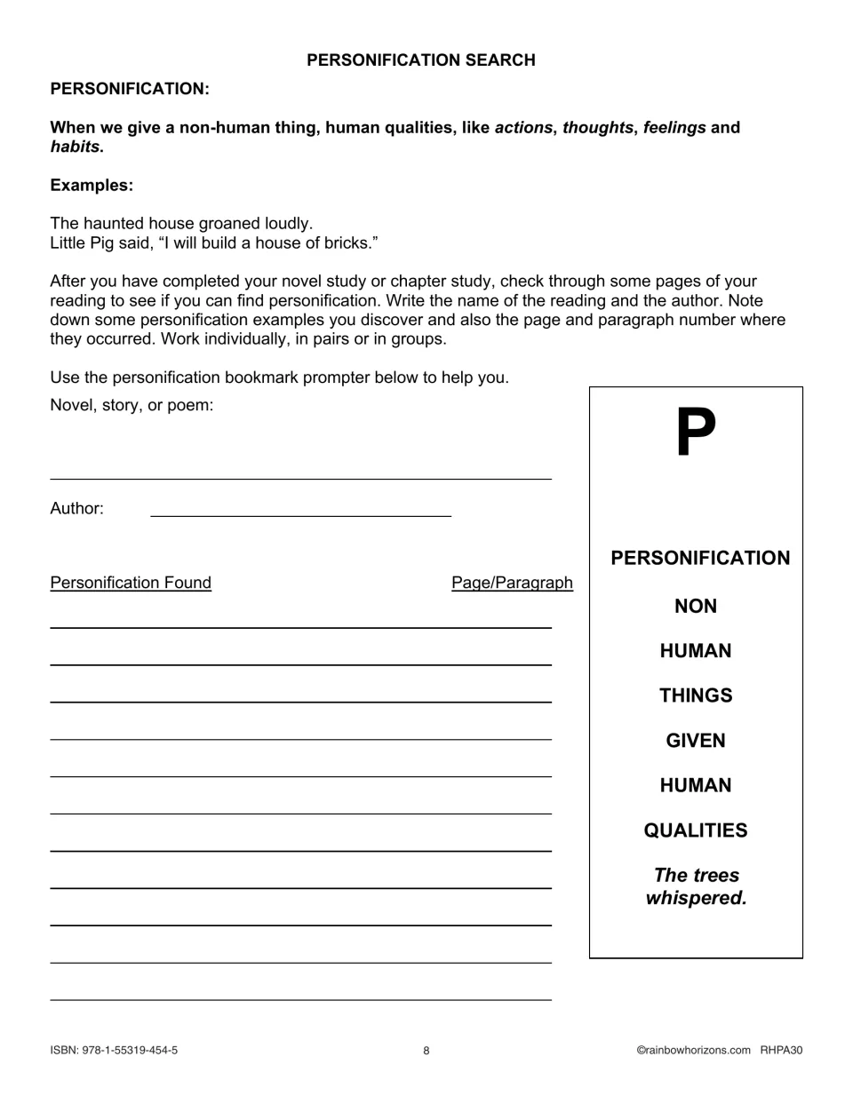 Personification search: students note examples like 'The trees whispered' from their reading, citing page and paragraph