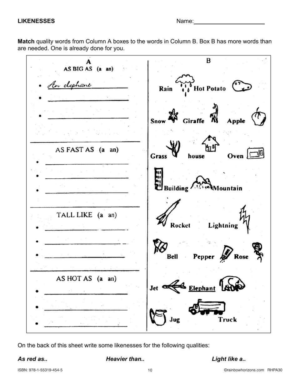 Likenesses: students match pictured words like elephant, rocket and oven to as big as, as fast as, tall like and as hot as