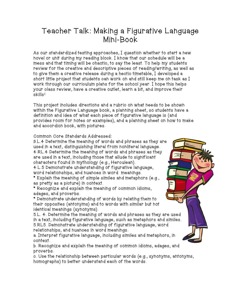 Teacher Talk note explaining why the accordion project suits test-season review, listing its parts and standards