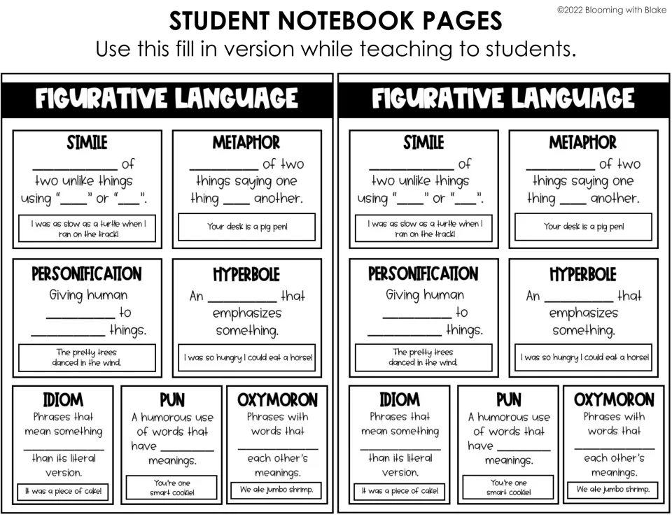 Figurative language guided notes: students write missing words in definitions of simile, metaphor, hyperbole, idiom and more