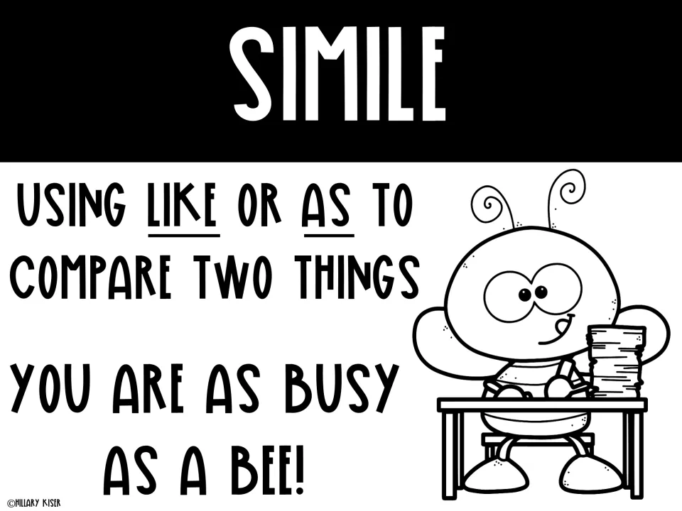 Simile poster defining comparisons using like or as, with the example 'You are as busy as a bee!'