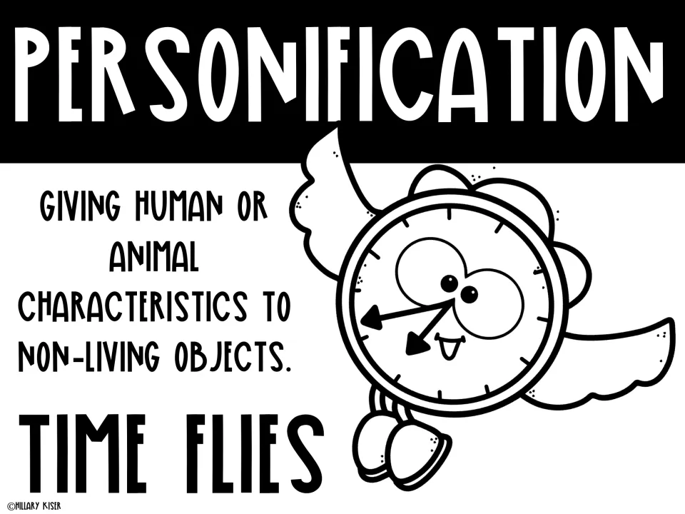 Personification poster defining human or animal traits given to nonliving objects, with 'Time flies.'