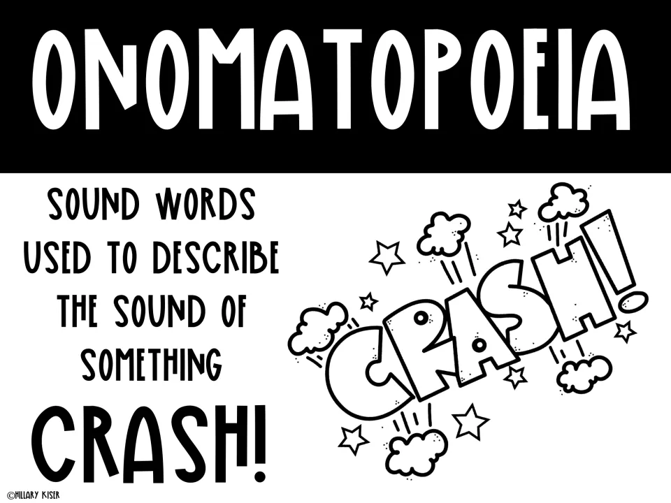 Onomatopoeia poster defining sound words used to describe the sound of something, with the example 'Crash!'