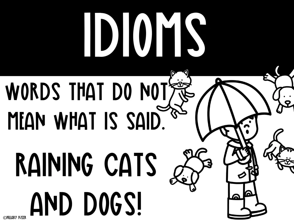 Idioms poster defining words that do not mean what is said, with the example 'Raining cats and dogs!'