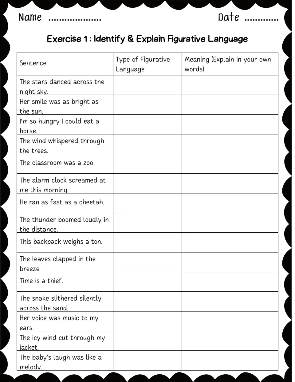 Exercise 1: students name the figurative language type in 15 sentences, such as 'Time is a thief', and explain each meaning