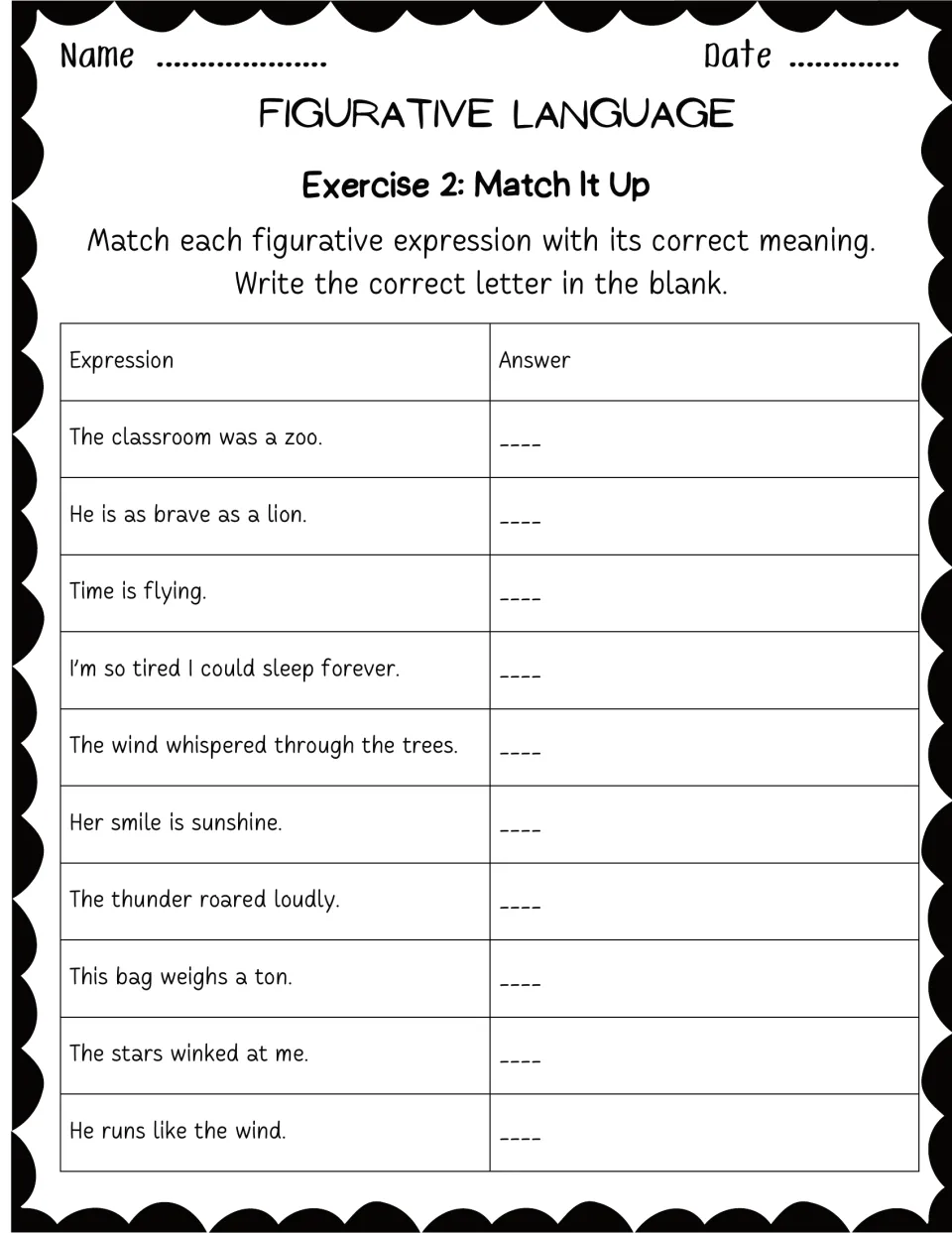 Exercise 2 Match It Up: students write a meaning letter beside 10 expressions like 'He is as brave as a lion'