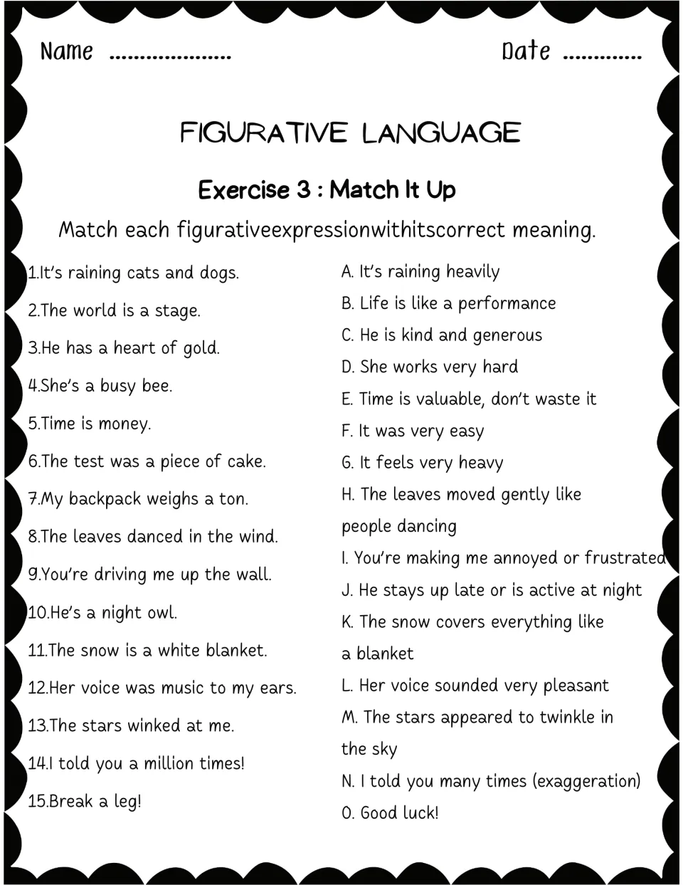 Exercise 3 Match It Up: students match 15 expressions, like 'Break a leg!', to meanings lettered A to O