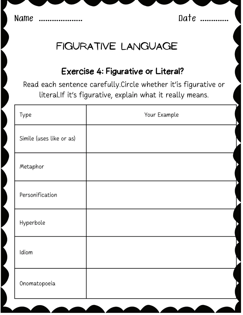 Exercise 4 Figurative or Literal?: students write their own example for each of six types, from simile to onomatopoeia