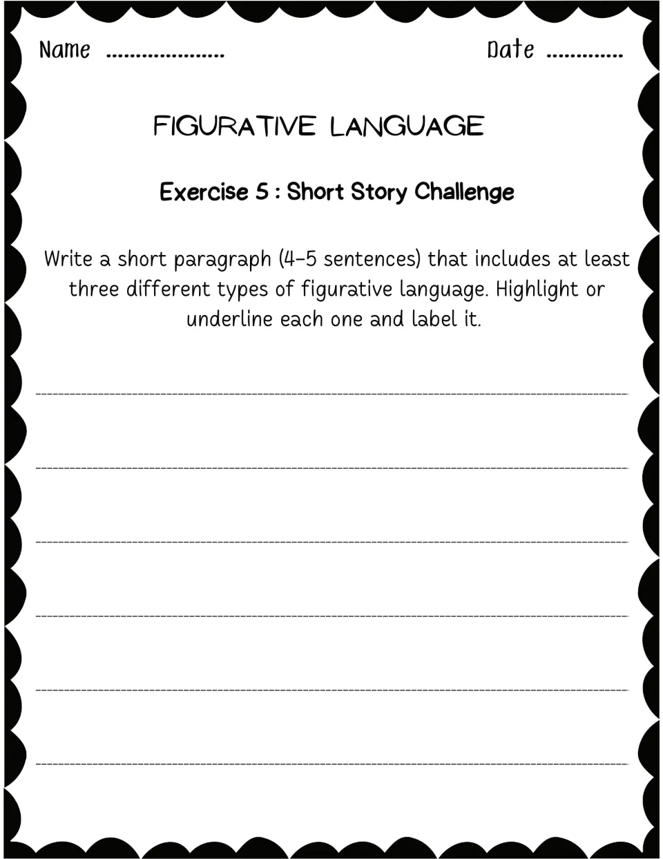 Exercise 5 Short Story Challenge: students write a 4–5 sentence paragraph using three figurative types and label each