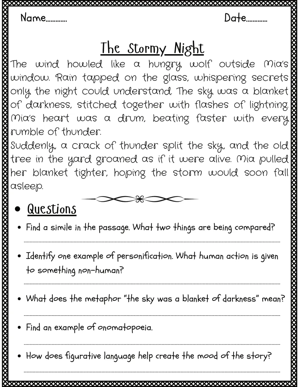 The Stormy Night story: students find a simile, personification, a metaphor and onomatopoeia, then explain the mood