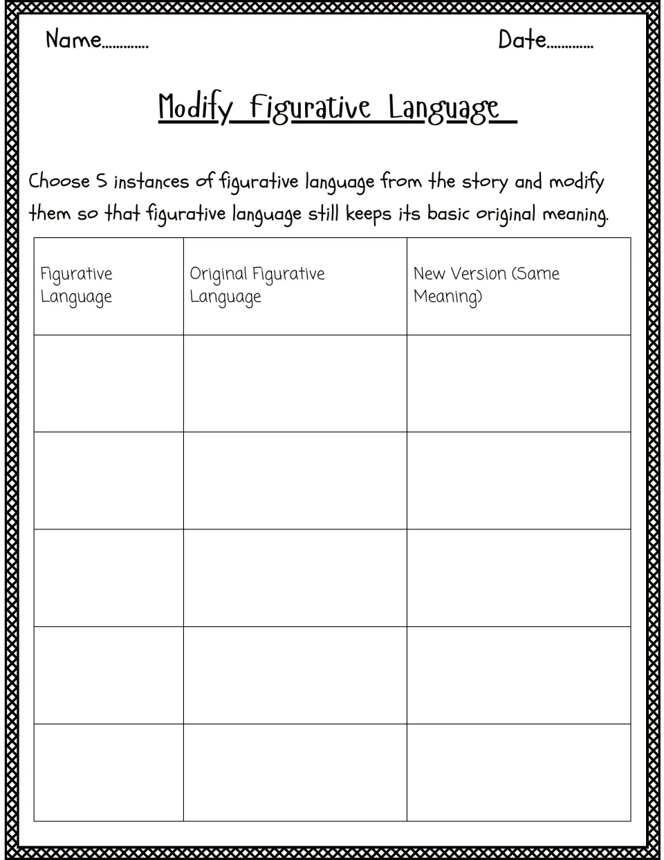 Modify Figurative Language after The Stormy Night: students rewrite 5 phrases from the story, keeping the original meaning